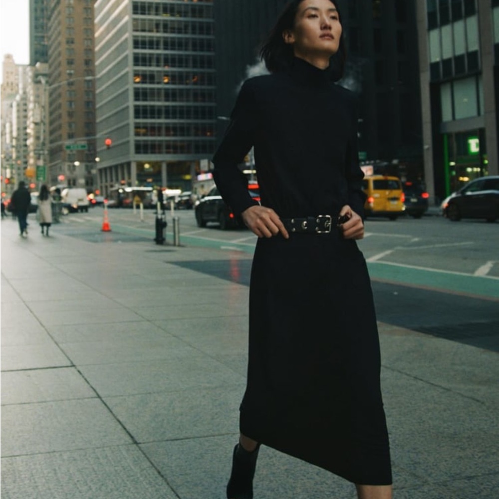 Zara High Collar black MIDI Dress